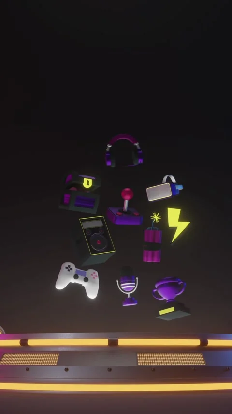 Vertical video: Glowing button causing door split, neon game icons rising, Stock Footage 348568011