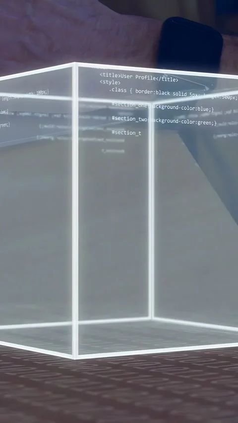 Vertical video: Glowing cube appearing after key tap, filling with code, Stock Footage 334694920