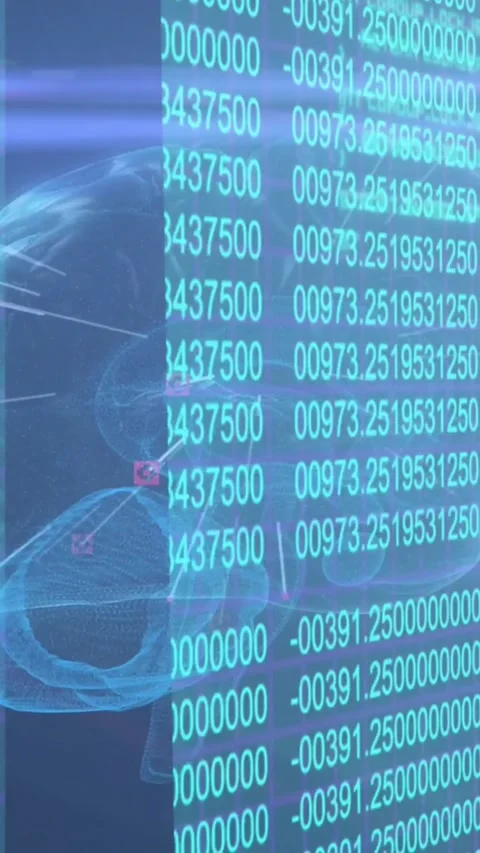 Vertical video: Glowing cyan data panel shifting on data scroll, revealing brain Stock Footage 328633236