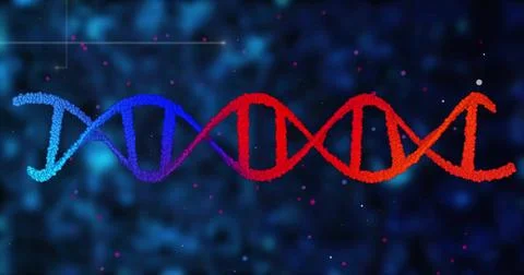 Vertical video: Glowing DNA helix unfolding after particle burst across navy Stock Illustration