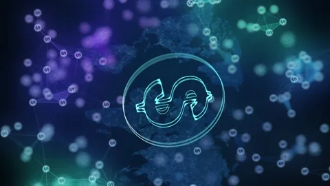 Vertical video. Glowing dollar symbol on a blue background with a world map. Stock Footage 236415345