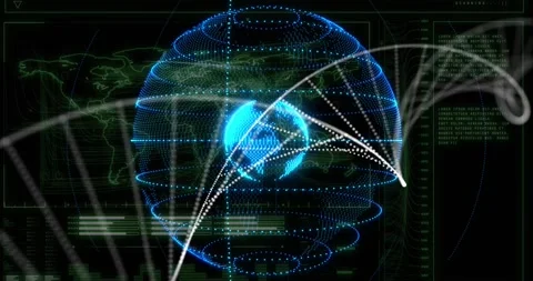Vertical video: Glowing globe drawing arcs from HUD, forming lattice and rings, Vídeos de archivo 331126193