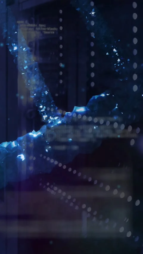 Vertical video: Glowing helical structure pulsing driving particles and node Video stock 332595172