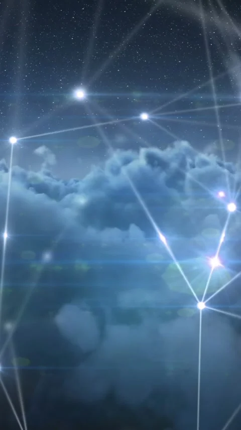 Vertical video: Glowing network above cloud bank pulsing and linking after node Stock Footage 348566486