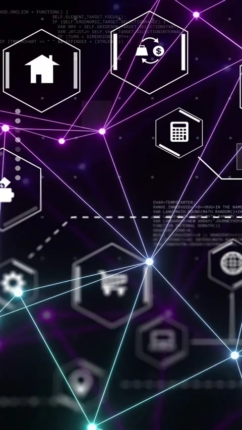 Vertical video: Glowing network growing from code cue, nodes linking and icons Stockbeeldmateriaal 335263788