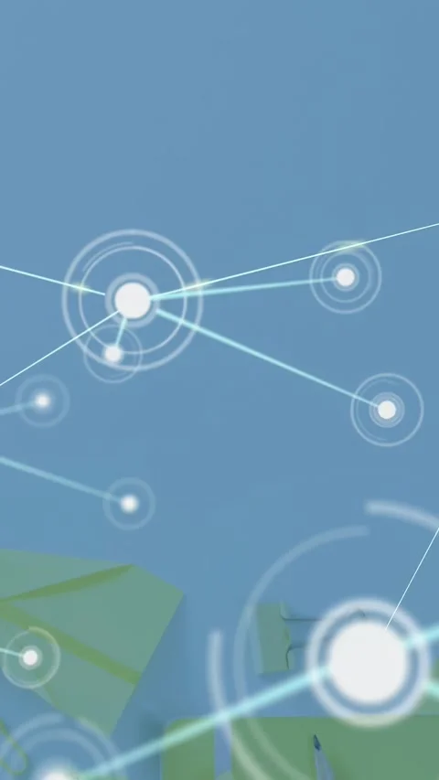 Vertical video: Glowing network pulsing from core node, expanding over desk, Stock Footage 331168654