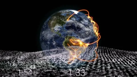Vertical video: Glowing nodes lighting globe tracing orange arcs over numeric 스톡 동영상 331176353