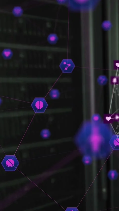 Vertical video: Glowing orb starting hex nodes pulsing, clustering over racks to Stock Footage 333006178