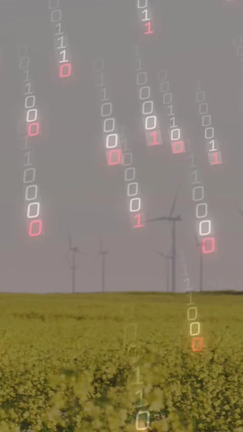 Vertical video: Glowing red 1 initiating falling binary streams, turbines and Stock Footage 334398134