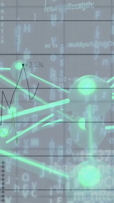 Vertical video: Glowing teal network shifting, pulsing in response to chart Stock Footage 334544000