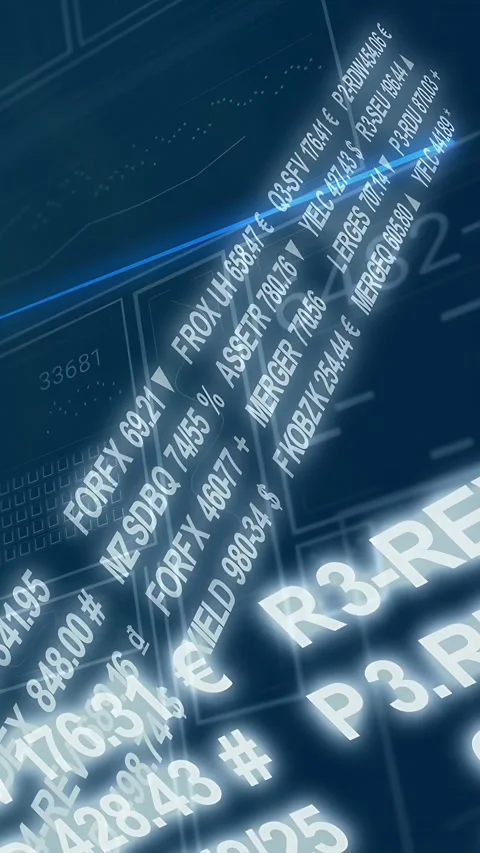 Vertical video: Glowing tickers rotating, sliding as camera sweep starting, Video stock 334836834