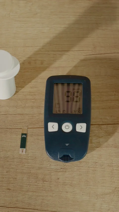 Vertical video Glucometer shows good glucose level of 98 mg dL on wooden table Stock Footage 346712341