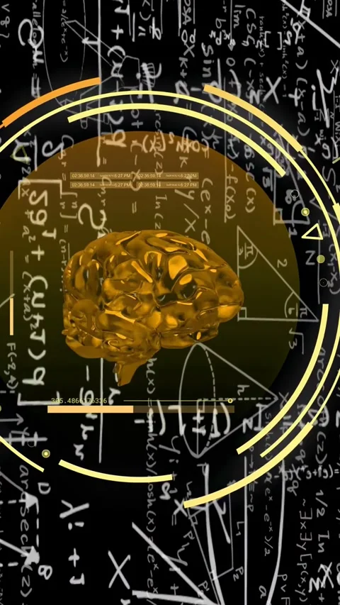 Vertical video: Gold 3D brain appearing in HUD rotating tilting rings shifting Stock Footage 335678194
