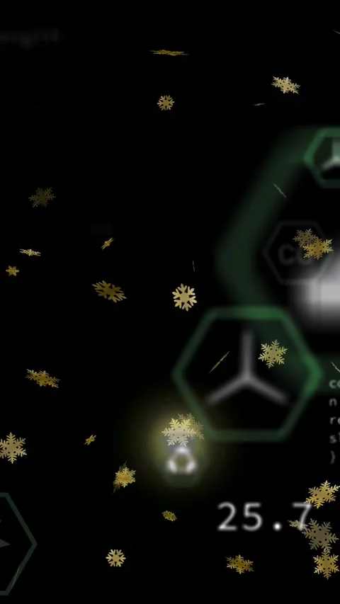 Vertical video: Gold flake drifting causing neon hex HUD group showing CO2 data Stock Footage 335678073