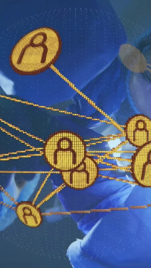 Vertical video: Gold node network rotating as camera pans, linking tokens, 스톡 동영상 330982639