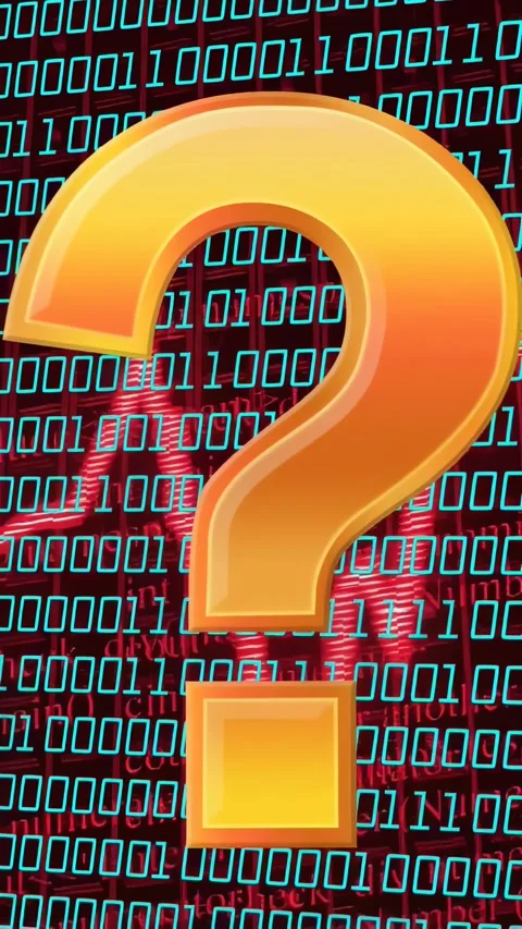Vertical video: Gold question mark entering frame 3 over cyan 01 grid moving Stock Footage 333513247