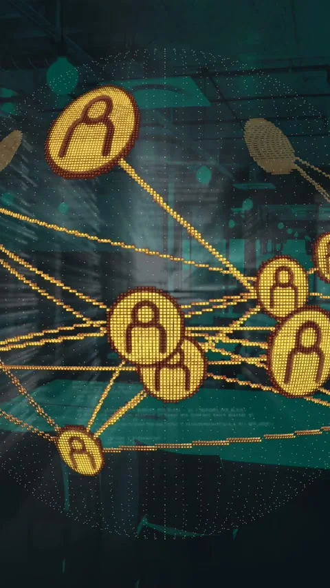 Vertical video: Golden node network rotating pulsing teal technology camera Stock Footage 333020704