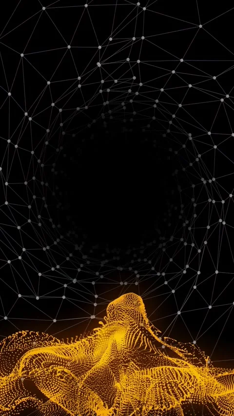 Vertical video: Golden point cloud emerging from base ripple, rising outward to Stock Footage 329613081