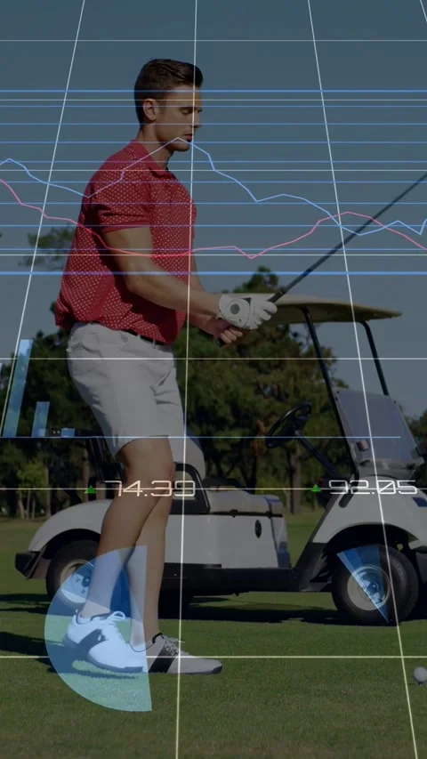 Vertical video: Golfer checking grip causing sports data overlays tracking swing Stock Footage 337538918