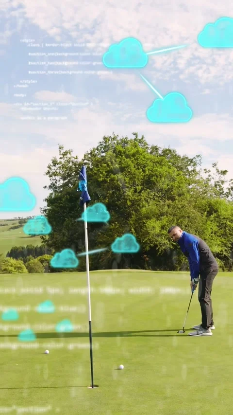 Vertical video: Golfer lining, striking putt causing cloud code overlay while Stock Footage 333465060