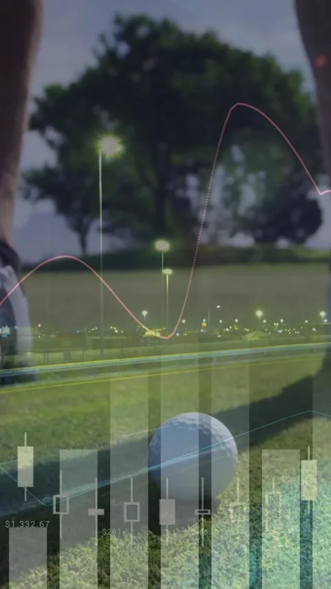 Vertical video: Golfer shifting and aligning putter as data charts changing, Stock Footage 333319941