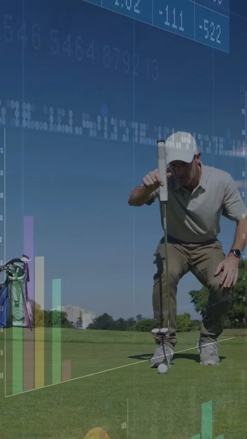 Vertical video: Golfer squatting checking aim, placing ball then putting while Video stock 333110011