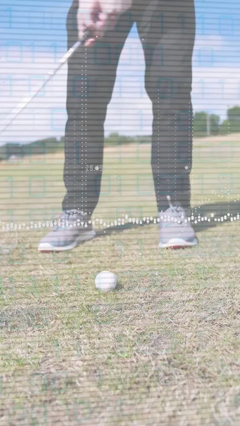Vertical video: Golfer stepping in, preparing swing, swinging club, partner Stock Footage 333141414