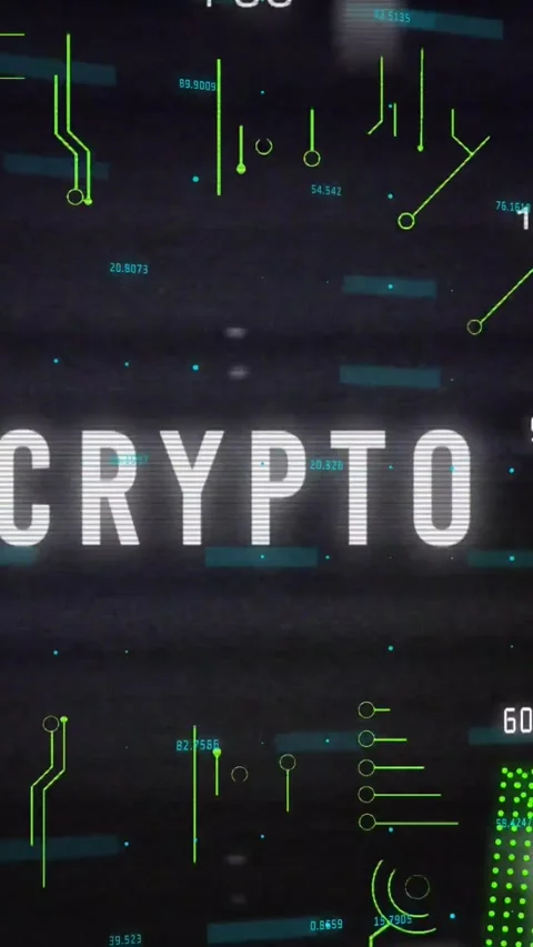 Vertical video: Grainy HUD starting CRYPTO animating neon traces and matrix Stock Footage 328308814