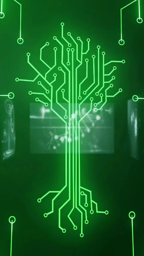 Vertical video: Green arc starting neon pieces aligning into circuit tree on Stock Footage 331046970