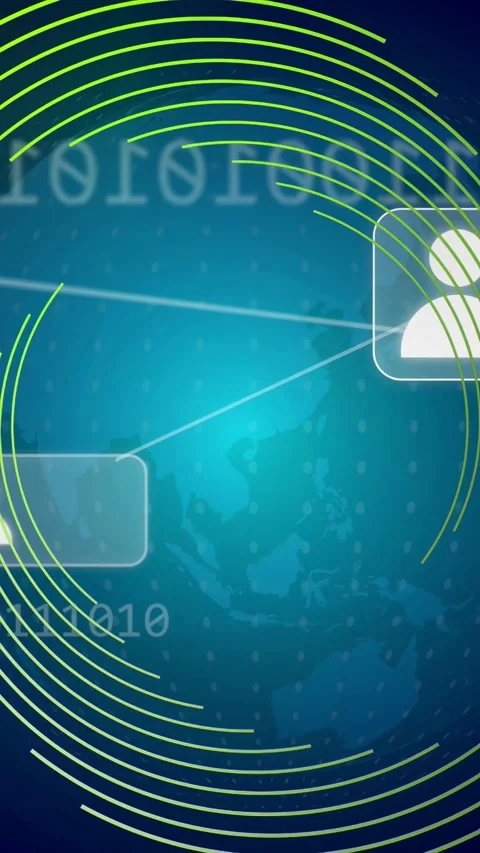 Vertical video: Green arcs forming, globe rotating UI cards sliding, linking Stock Footage 334530132