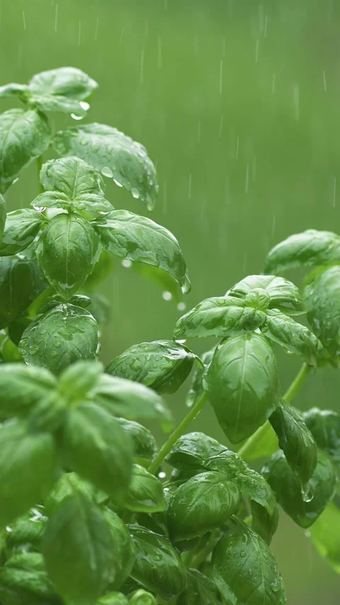 Vertical video of Green basil herb in rainy weather nature Stock Footage 275654595