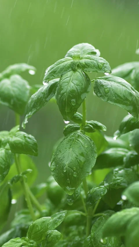 Vertical video of green basil herbs in rainy weather in spring nature Stock Footage 276608222