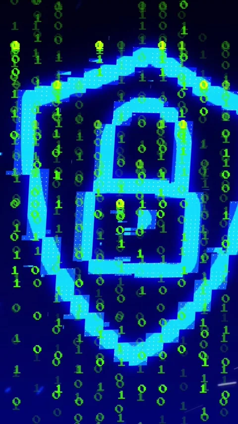 Vertical video: Green binary falling starting blue shield forming padlock Vídeos de archivo 329612970