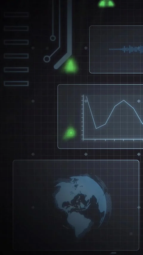 Vertical video: Green blip hitting panel edge causing graph rising, globe Stock Footage 328633019