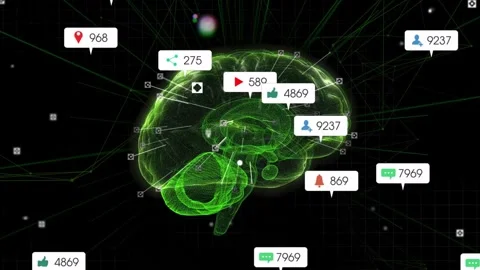 Vertical video: Green brain rotating, data creating icons on radial lines, Stock Footage 332577403