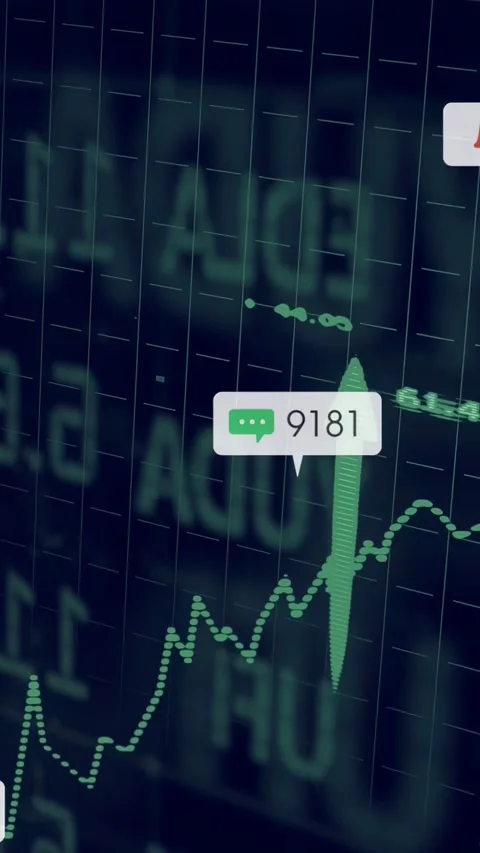Vertical video: Green chart rising and spawning alert bubbles showing counts, Stock Footage 332747577