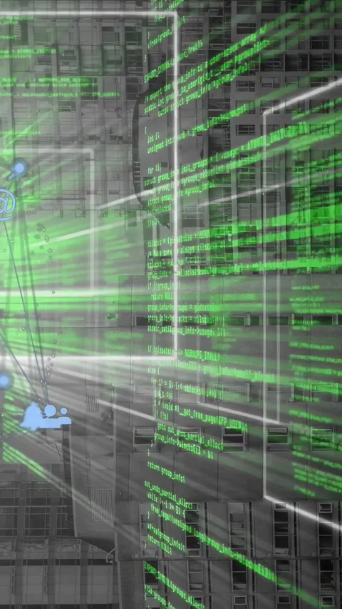 Vertical video: Green code appearing right, rays coming left, sweeping facade, Stock Footage 332845640