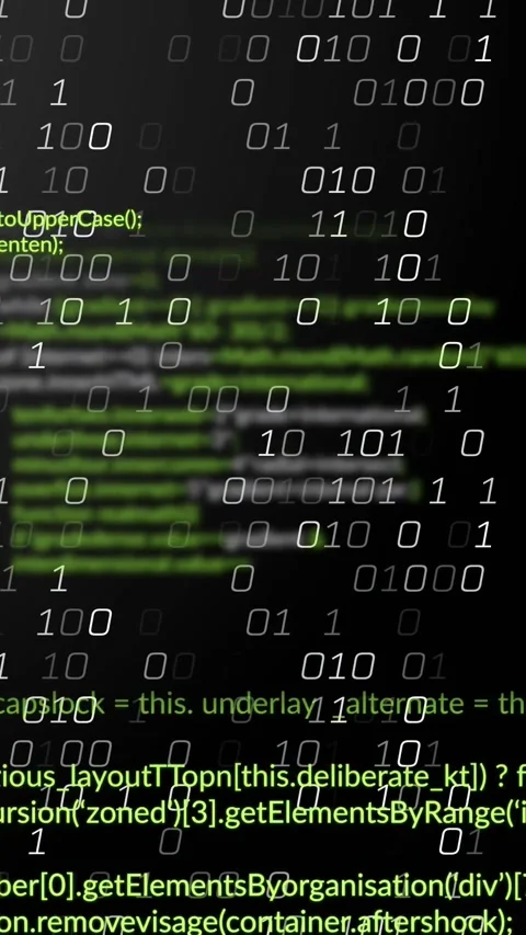 Vertical video: Green code column scrolling on screen wake, binary digits Stockbeeldmateriaal 331739232