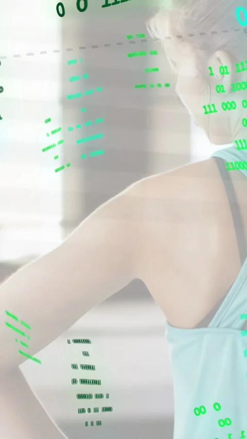 Vertical video: Green code drifting, woman rotating torso and extending arm, Stock Footage 334128204