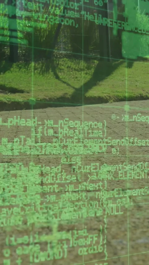Vertical video: Green code overlay appearing across brick path and runners Stock Footage 330982640