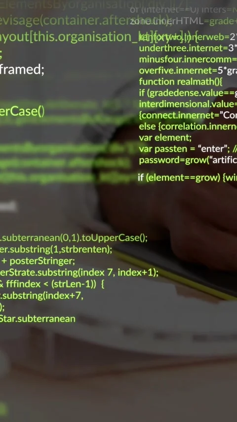 Vertical video: Green code overlay sparking man writing notes and using stylus, Stock Footage 331790280