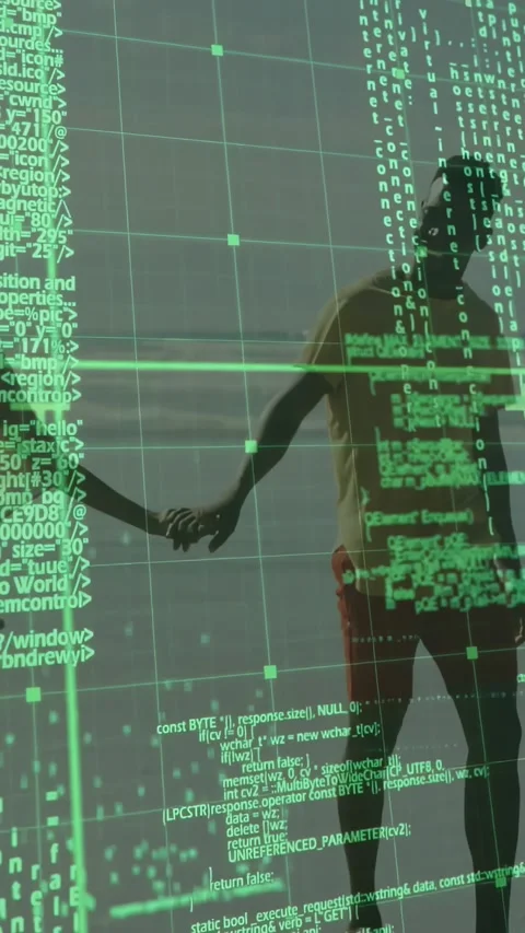 Vertical video: Green code overlay starting, couple walking hand-in-hand on Stock Footage 334602747