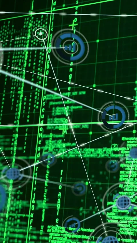 Vertical video: Green code scrolling spawning nodes, white lines drawing, HUD Stock Footage 334546808