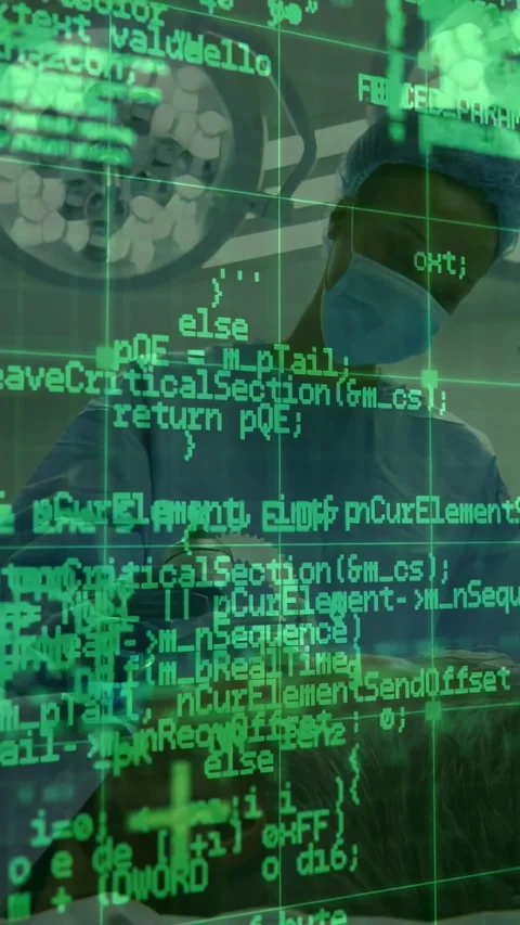 Vertical video: Green code shifting revealing doctor placing mask on patient for Stock Footage 330358860