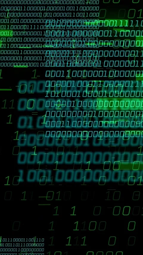 Vertical video: Green glitch bars sparking teal binary grid rising, filling, Stock Footage 335802717