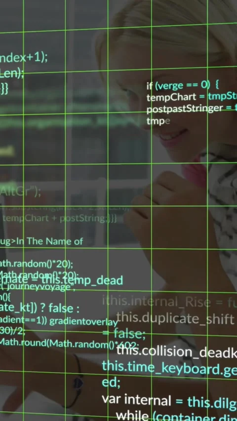 Vertical video: Green grid, code overlay appearing, spurring woman writing, Stock Footage 330580543