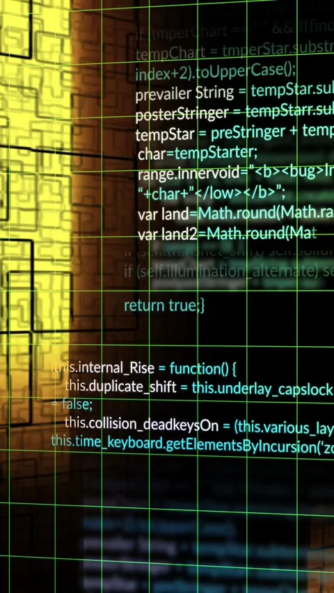 Vertical video: Green grid shifting on code fading in, scrolling as gold panel Stock Footage 329961664