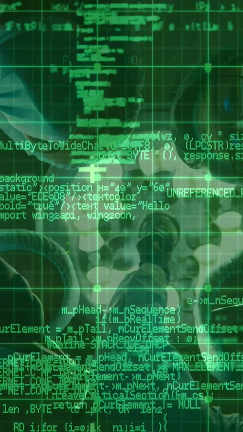 Vertical video: Green HUD grid scrolling, revealing surgical team leaning over Stock Footage 330358867