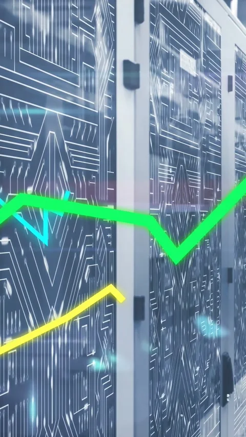 Vertical video: Green line appearing other lines waving over server racks view Stock Footage 333006182