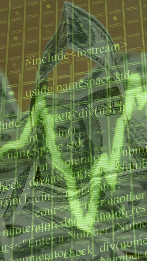Vertical video: Green line appearing and pulsing code drifting over $100 bill, 스톡 동영상 335264049